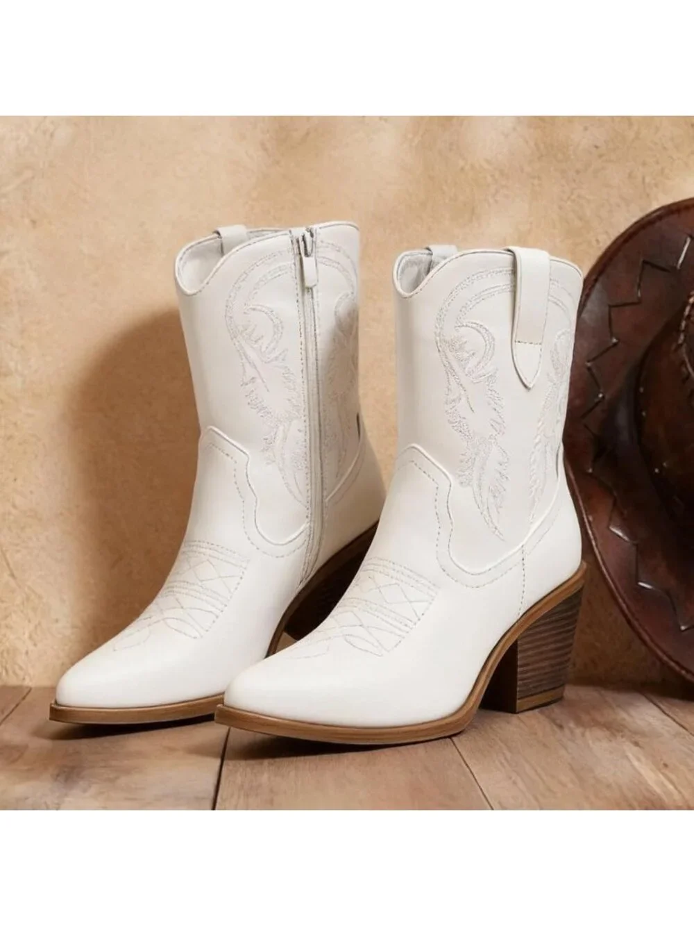 Women's White Cowboy Ankle Boots Western Booties Pointed Toe Embroidery Shoes